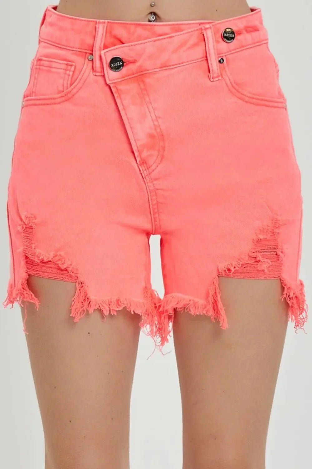 RISEN Raw Hem Asymmetrical Waist Denim Shorts - VILLA FASHION
